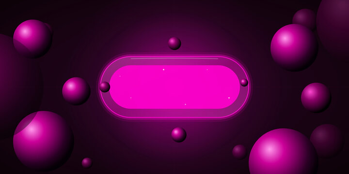 Floating magenta spheres surrounding glowing neon oblong display frame on transparent background