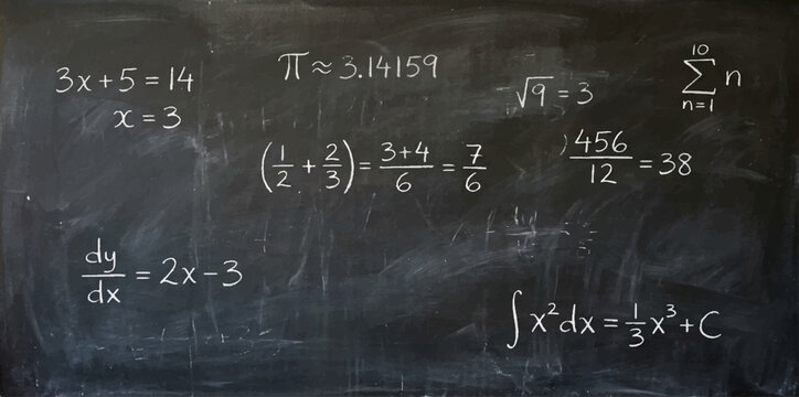 Calculus integrals and mathematical constants handwritten on a dark textured classroom chalkboard with calculus integral chalkboard equation constant