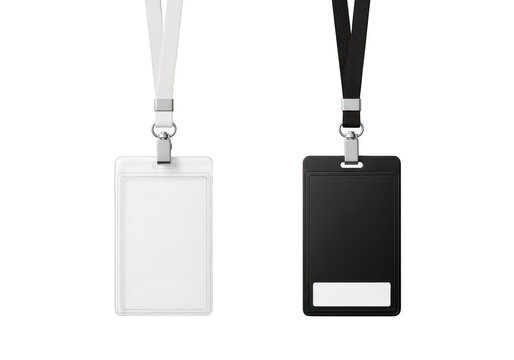 Blank white and black id badge holders with lanyards isolated on transparent background