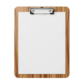 Wooden clipboard with blank white paper sheet isolated on transparent background