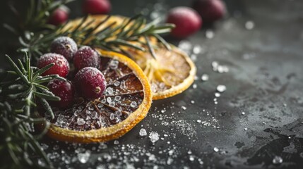Naklejka premium Dried orange slice and frozen red cranberries with rosemary on dark background. Christmas culinary food ingredient composition with sugar crystals for winter holiday hot mulled wine drink recipe.