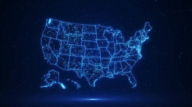 Blue United States map glowing nodes connected lines across every region. nationwide networks, AI infrastructure, cloud computing, logistics, broadband, cybersecurity, systems connected 19.