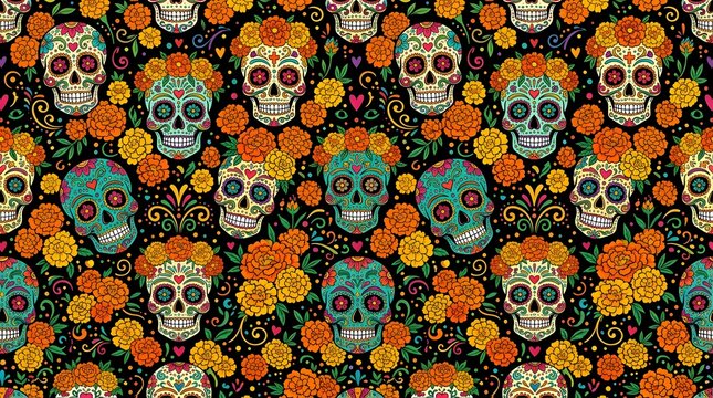 Day of the dead seamless pattern featuring sugar skulls and marigolds, seamless