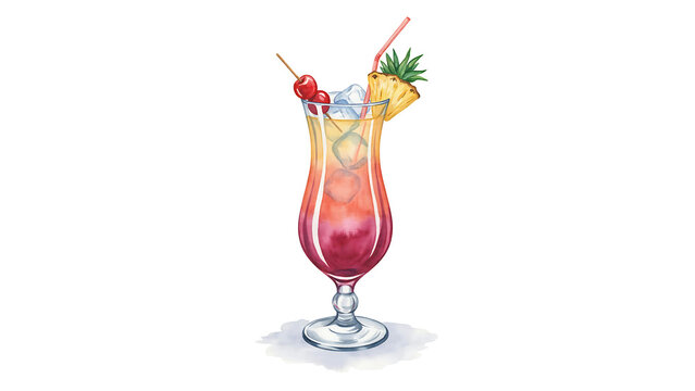 Colorful watercolor tropical cocktail, rum punch illustration with pineapple and cherry, fruity alcoholic drink in glass isolated on white
