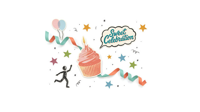 Cute celebration typography, hand drawn cupcake with candle, party balloons and confetti, sticker banner for birthday card