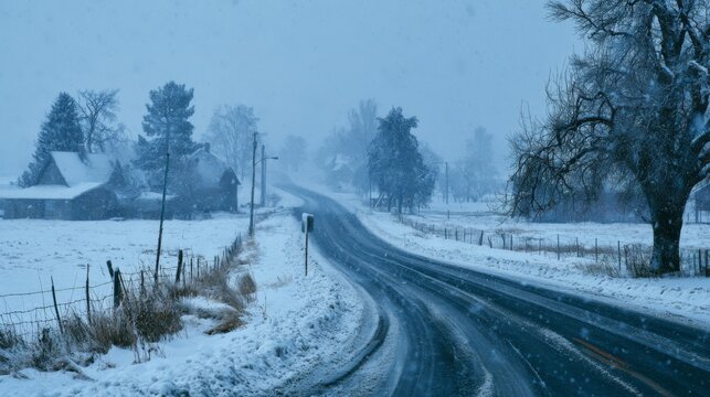 Snowy Country Road in Winter with Blowing Snow, Isolated Trees, and Rural Houses Under Overcast Gray Sky Providing a Serene Yet Cold Landscape Scene