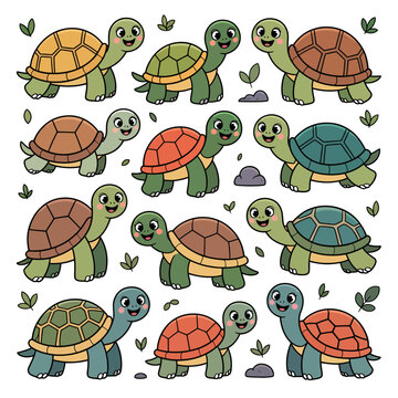 Turtles vector set with cute reptiles and cartoon shell animals, reptiles