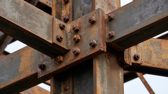 Rusted steel I-beams joined by heavy bolts in an old industrial structure. Ideal for construction safety and engineering concepts.