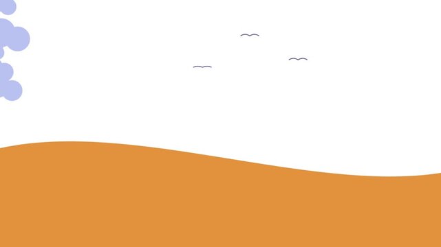 Minimalist landscape illustration with rolling hills and birds in the sky, animation