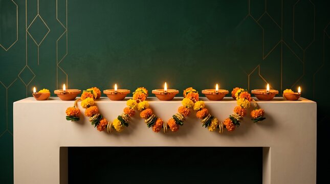 Row of lit diya oil lamps with decorative marigold flowers on a table for festival celebration