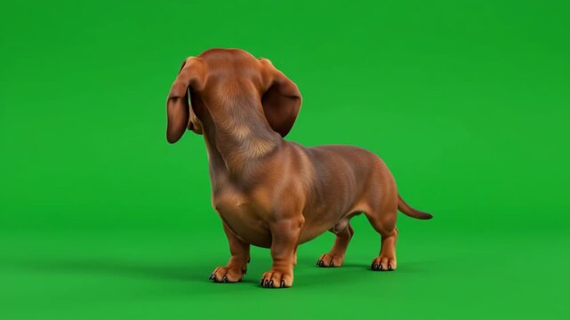 Dachshund puppy standing with its back to the camera on a vibrant green screen background, looking away.