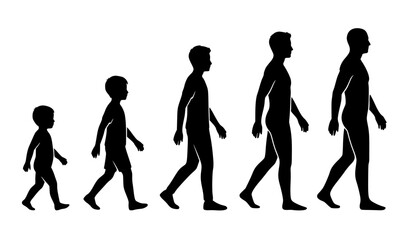 Obraz premium Human growth stages from child to adult black and white silhouette vector illustration