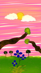 Pink Sunset Landscape Illustration with Blue Flowers and Trees - Cute Cartoon Nature Background for Kids Design