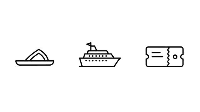 Minimalist line icons of small boat cruise ship with deck cruise vessel on transparent background