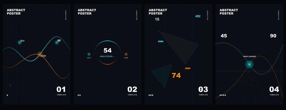Abstract digital infographic poster set with futuristic data visualization on transparent background