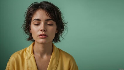 Fototapeta premium Sleepy Woman In Yellow Robe Staring Blankly