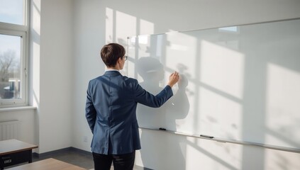 Fototapeta premium Teacher In Blue Blazer Beside Clean Board