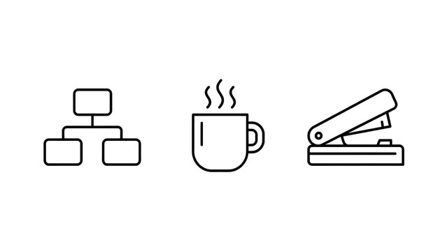 Minimalist line icons of organization chart hot beverage and stapler on transparent background