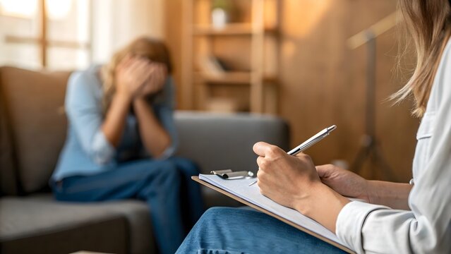 Therapist writes notes on a clipboard while a stressed woman sits upset on a couch during a psychology session.