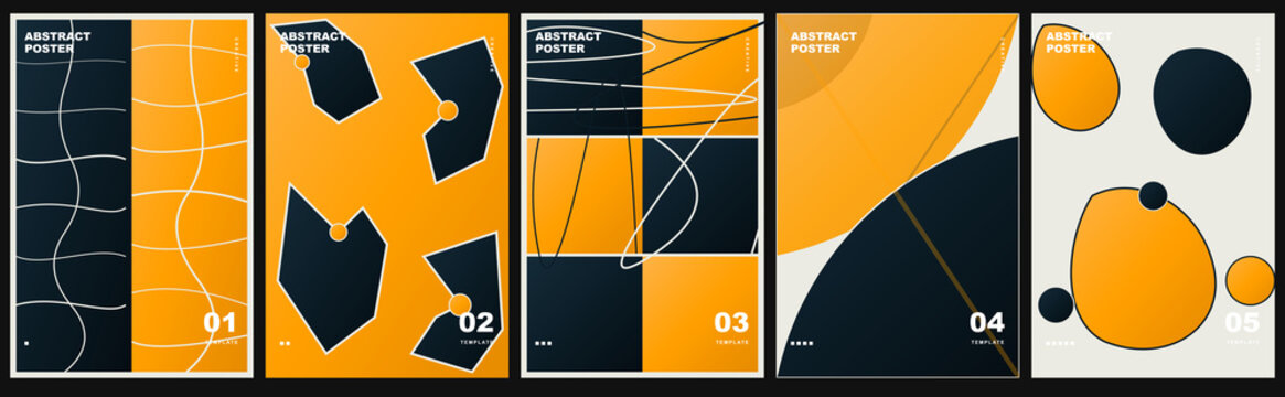 Set of five minimalist geometric abstract poster design templates on transparent background