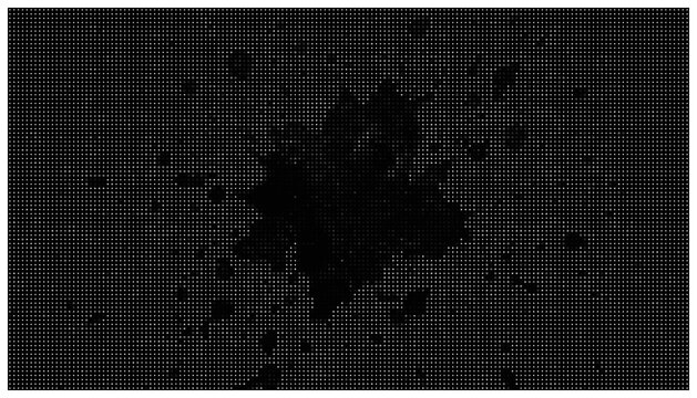 Abstract ink blot halftone design on black canvas.