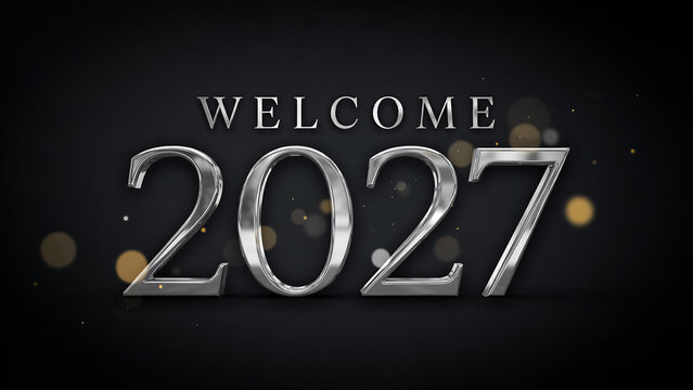 Welcome 2027, shiny silver metallic numbers, new year celebration concept, dark background with golden bokeh lights, festive typography design