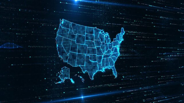 Digital United States map glows streaming light trails rapid movement across the country. network speed, cloud services, telecom, nationwide data transfer, digital commerce modern infrastructure.