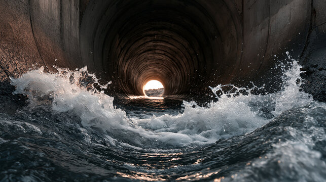 Water rushes rapidly through a dark concrete drainage tunnel with light at the end. Perfect for environmental infrastructure and water management concepts.