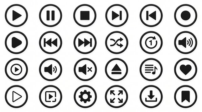 A comprehensive collection premium audio player control icons arranged in a clean 5x4 grid layout on a pure white background. Each icon features a minimalist black symbol inside a sleek circular