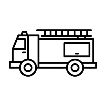 Minimalist black line art vector illustration of a fire engine with a ladder. Ideal for emergency response, firefighter, and rescue themes.