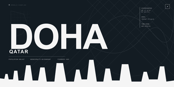 Doha city infographic dashboard with skyline silhouettes geographical on transparent background