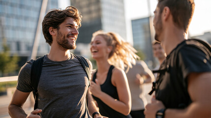 Fototapeta premium Diverse Gen Z Friends Jogging Together in a Modern Urban Park