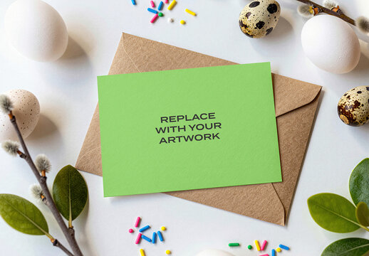 Stationery mockup with brown envelope on white surface, Easter themed flat lay arrangement featuring eggs, quail sprigs, willow branches, and sprinkles