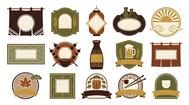 Set of Japanese style restaurant labels and frame badges with decoration
