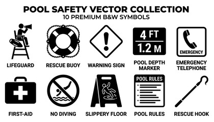 Fototapeta premium Pool Safety Signs Collection with Lifeguard, Rescue Buoy, Warning Symbols