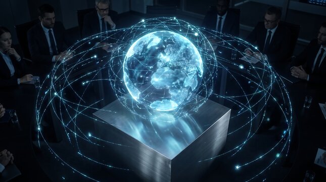 Business people sitting around a boardroom table looking at a glowing holographic globe with interconnected data lines in a dark office environment