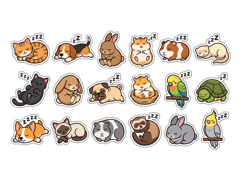 Cute pixel art sleeping animals collection isolated on transparent background