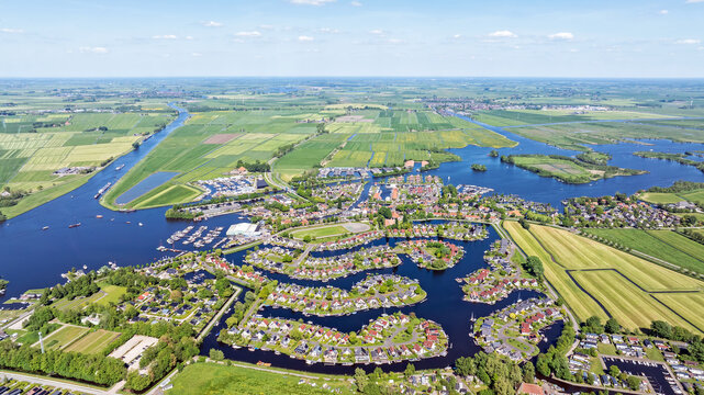 Aerial view of waterfront houses in Terherne, the Netherlands