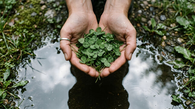 Hands holding fresh green clover leaves | reflection of person in water puddle | nature conservation and ecology concept | organic wood sorrel in cupped hands