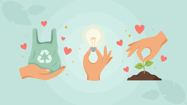 Hands holding a plastic bag lightbulb and seedling represent environmental sustainability and eco friendly concepts recycling environment conservation renewable