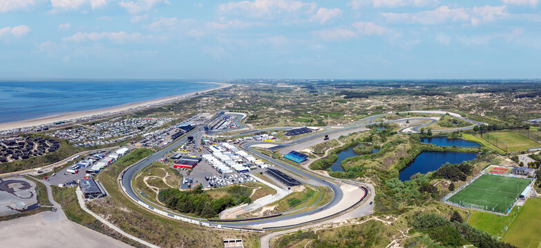 Panoramic aerial view of Formula One circuit near the North Sea in Europe