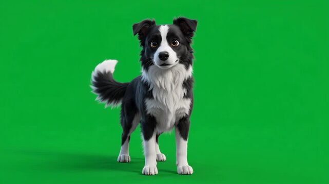 Cute black and white border collie dog standing on a green screen background, looking directly at the camera.