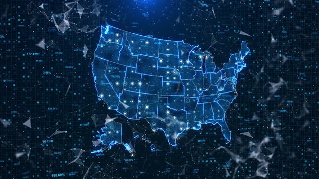 Futuristic United States analytics map shows points, data layers. economic research, location intelligence, AI analysis, national reporting, market trends, geographic studies corporate dashboards.
