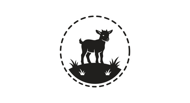 A cute baby goat standing on a grassy hill enclosed within a dashed circle logo design, perfect for farming, agriculture, and livestock branding concepts