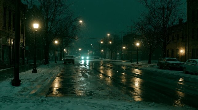 Serene Winter Night in Small Town, Snowy Street with Glowing Streetlights and Reflections, Calm Atmosphere, Urban Scene in Evening Light