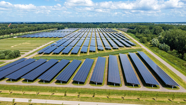 Aerial view of a solar car park in Biddinghuizen, the Netherlands