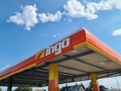 Gothenburg, Sweden - 13. August 2026: Ingo petrol station canopy and logo against a bright blue sky with white clouds