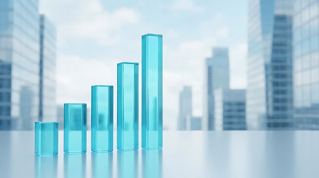 Corporate business growth concept with glowing blue glass bar charts against modern city skyline