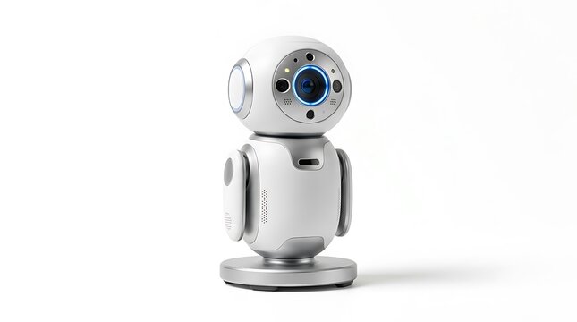Modern robot with camera on white base isolated on white background