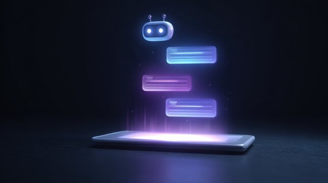 Glowing artificial intelligence chatbot interface floating above digital smartphone screen in dark minimalist environment with bubbles projected smartphone